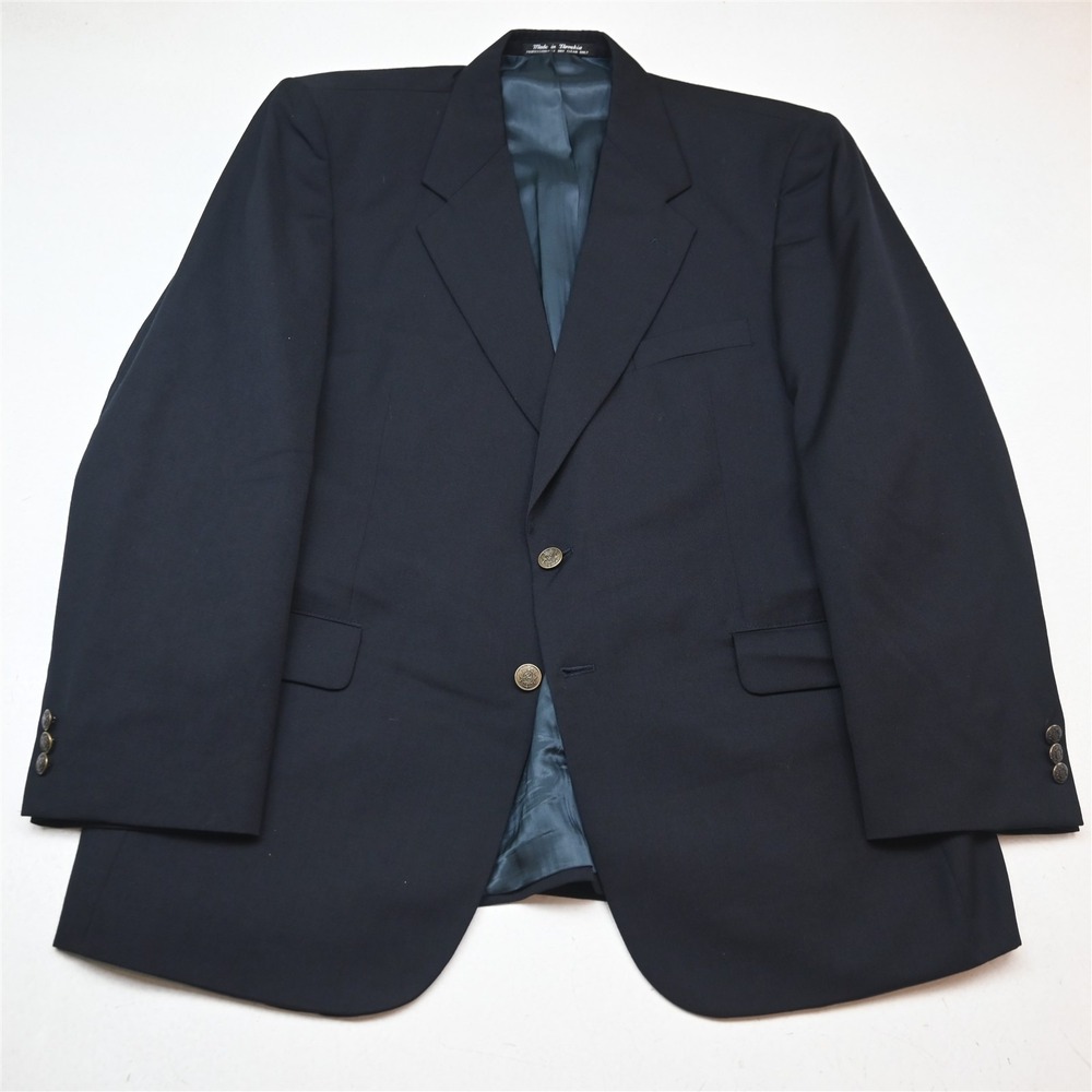 Vtg 90s 46R Navy Blue 100% Wool Gold Button Mens Blazer Suit Jacket Sport Coat